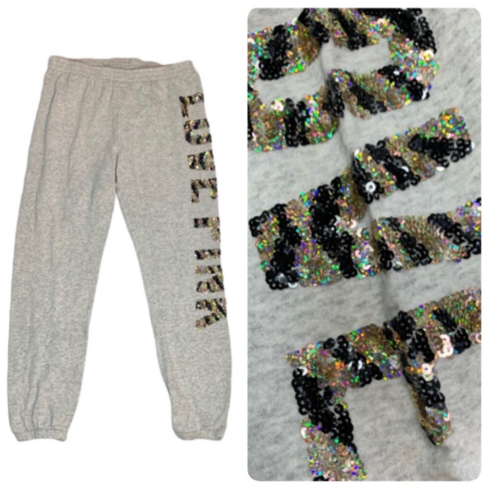 PINK Victoria’s Secret gray sequin “Love Pink” sweatpants, joggers, S